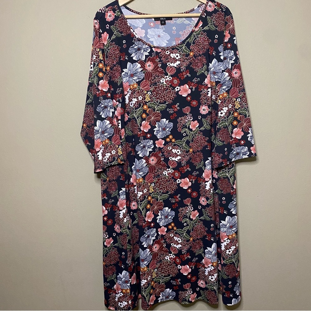 Ellos Dress 1X 22/24 Black Floral Boho 3/4 Sleeve Knee Length Office Church